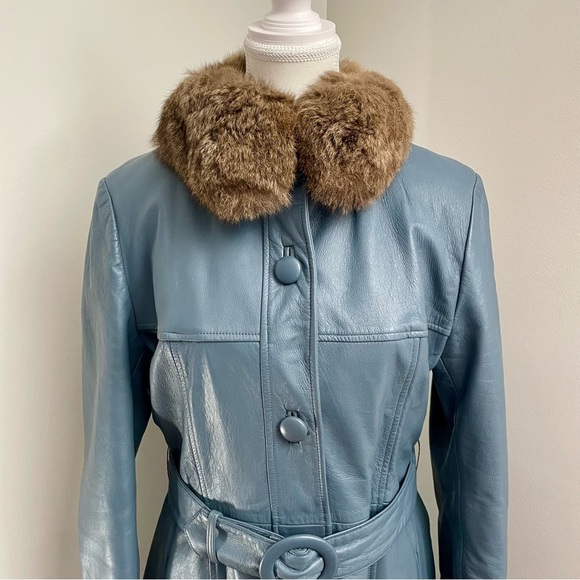 Vintage Rajac Leathers Penny Lane Fur Trim Leather Coat Longline Grey Size Small - Picture 5 of 12